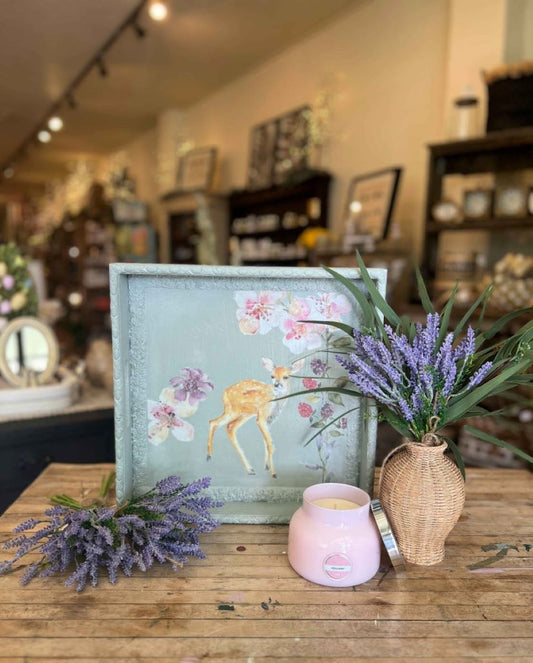 White tray painted and decorated with Annie Sloan ChalkPaint®️and IOD transfers